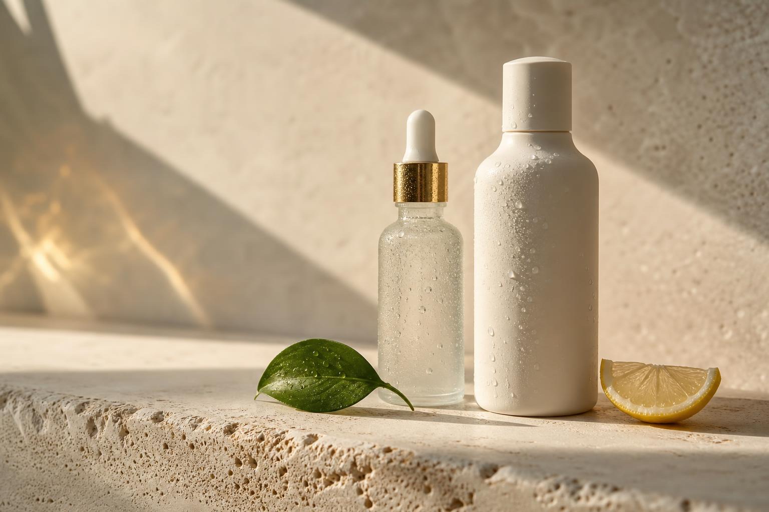 Korean skincare serums and creams arranged on an ivory plinth